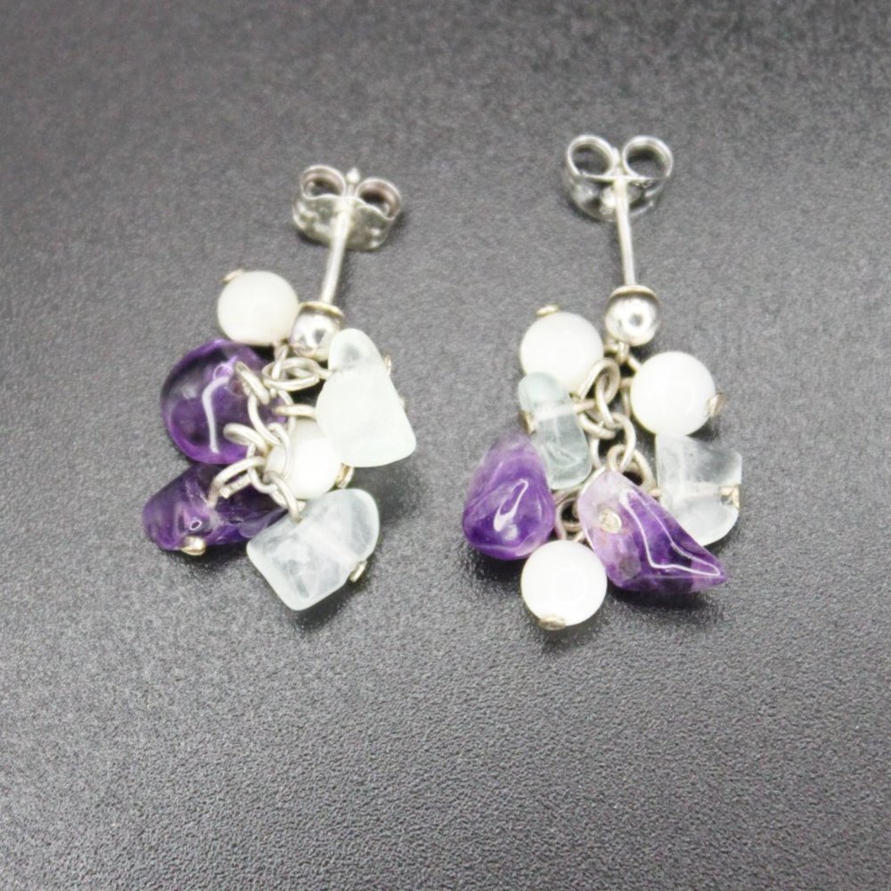 Sterling Silver 925 Multi-Gemstone Mother of Pearl Drop Cluster Earrings
